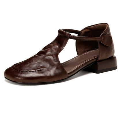 Zapatos de piel estilo francés retro con tacón bajo