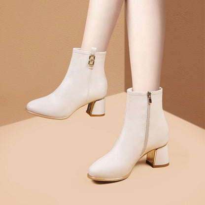 Botas de cuero femeninas con tacones de terciopelo (encaje dorado)