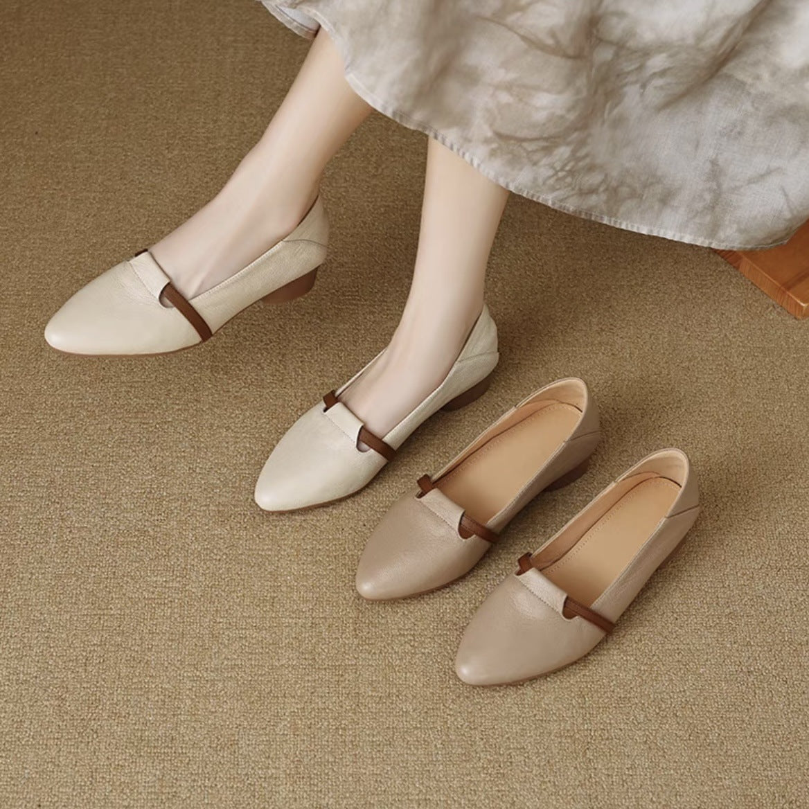 Zapatos de tacón bajo de piel de oveja francesa