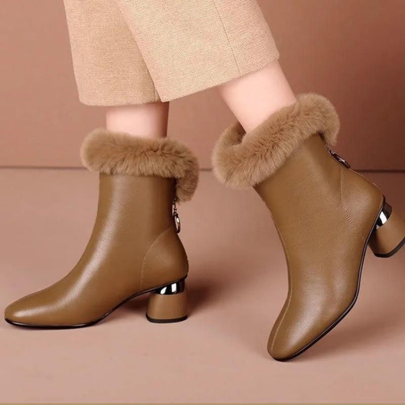 Botas de tacón alto de piel femenina (pelusa gruesa)
