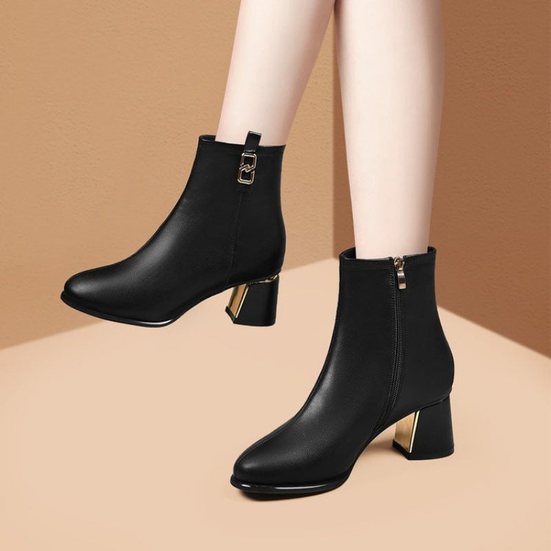 Botas de cuero femeninas con tacones de terciopelo (encaje dorado)
