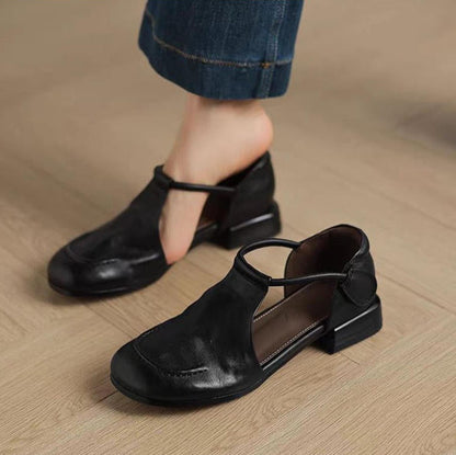 Zapatos de piel estilo francés retro con tacón bajo