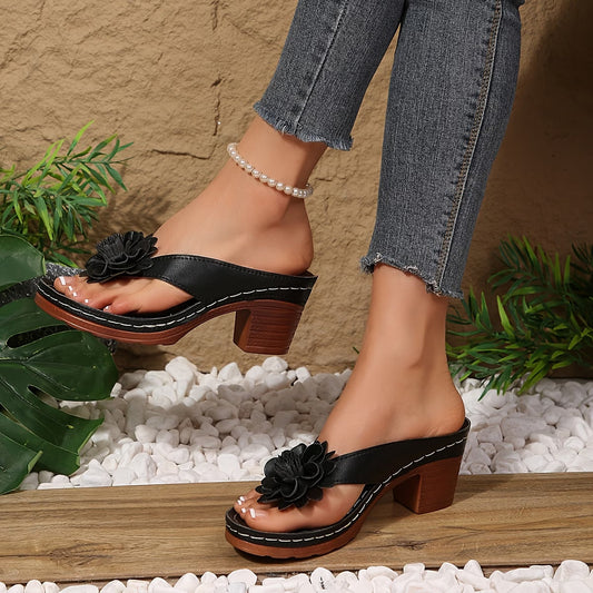 Sandalias de dedo de tacón con flor para mujer